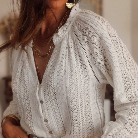 New Bohemian White Lace Long Sleeve V-Neck Button Front Blouse Top - Picture 5 of 11